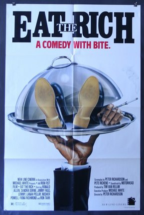 a poster of a comedy with a hand holding a tray with shoes