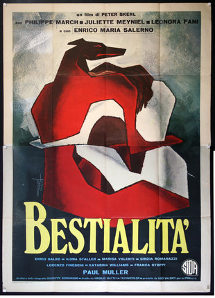 a poster of a red and white animal