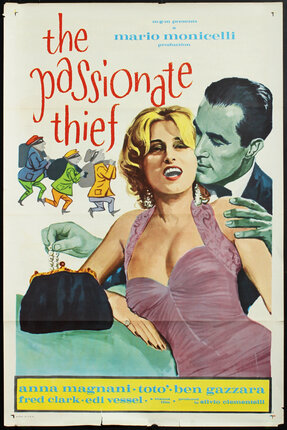 a movie poster with the illustrration of a man stealing jewelry from a woman's purse