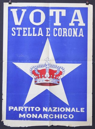 a blue and white poster with a white star and a crown