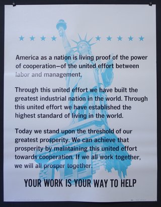 a poster with text and a statue of liberty