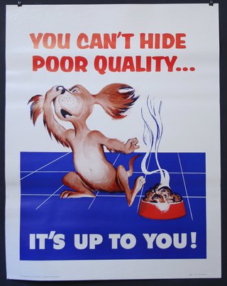 a poster with a dog eating food