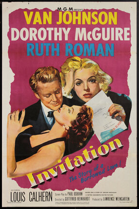 Movie poster with a man and woman about to kiss and another woman holding up a paper