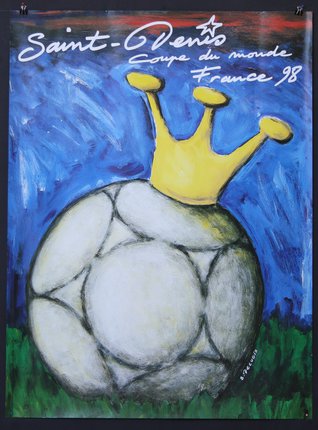 a poster of a football ball with a crown