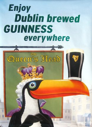 a sign with a bird with a crown and a glass of beer