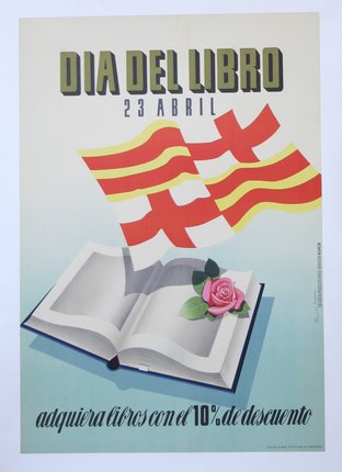 a poster with a book and a flag