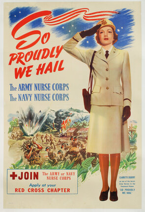 a woman saluting infront of soldiers on a battle ground