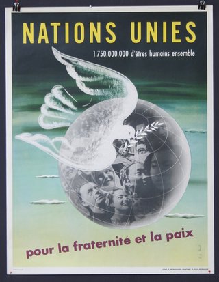 a poster with a dove and a globe
