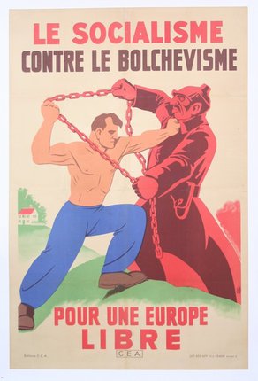 a poster of a man pulling a man with a chain