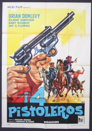 a movie poster with a gun and people on horses
