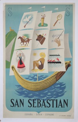 a poster of a boat with various images
