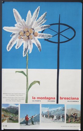 a poster with a flower and a sign