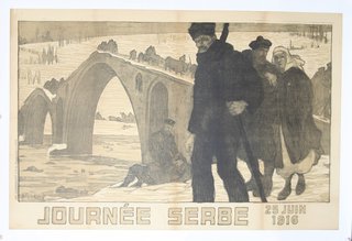 a poster of a man walking on a bridge