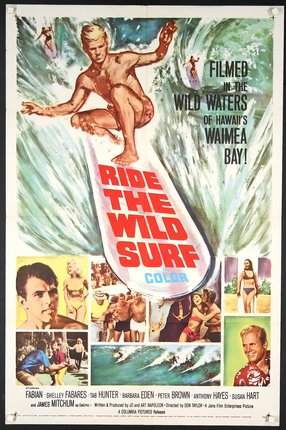 a movie poster of a man riding a surf board