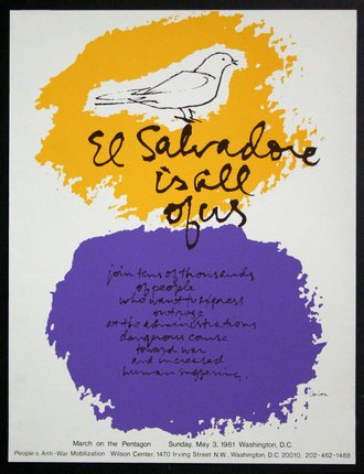 a poster with a bird and purple and yellow paint