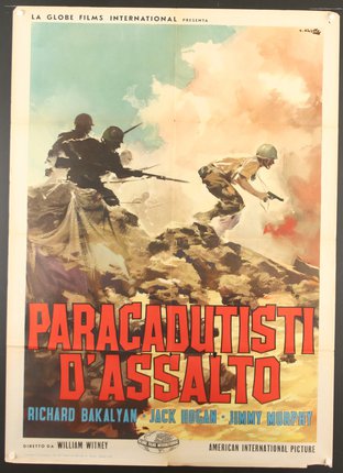 a poster of soldiers running on a mountain