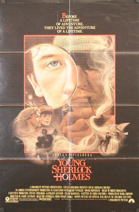 a movie poster with a man looking through a magnifying glass