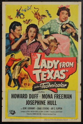A movie poster with madcap scenes like an old woman holding a pig and a woman screaming. The title of the film is within the shape of the State of Texas.