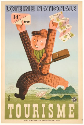 a poster of a man running with a briefcase and a map