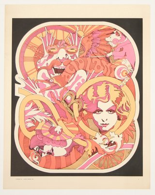 a poster of a woman with a pink and orange design