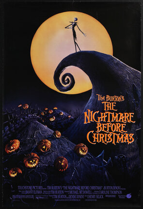 a movie poster with a dapper skeleton standing on a curlicue shaped hill in front of a full moon overlooking a valley of jack-o'-lanterns.