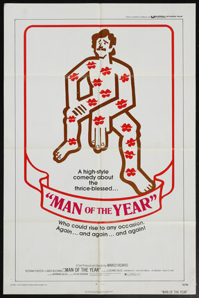 poster with stylized illustration of a nude man covered in lipstick stains