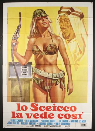 a poster of a woman in a garment holding a gas pump