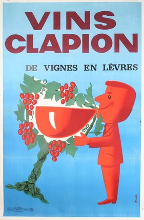 a poster with a cartoon character holding a bowl of grapes