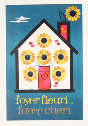 a poster of a house with sunflowers