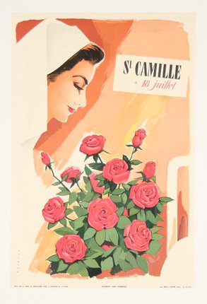 a poster of a woman smelling a bouquet of roses