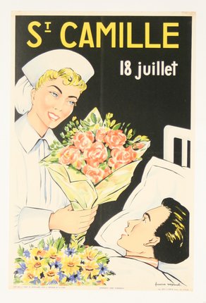 a poster of a nurse giving flowers to a man