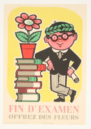 a poster of a boy leaning on books