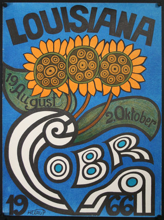a poster with a sunflower and a wave