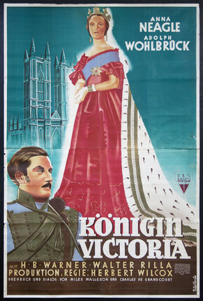 a poster of a woman in a red dress and a man in a military uniform