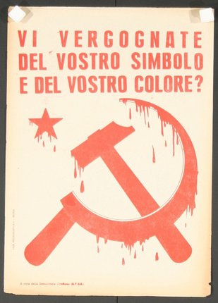 a red and white poster with a hammer and sickle