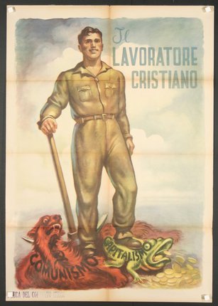 a poster of a man with a hammer and a frog