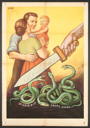 a poster of a woman holding a child and a sword