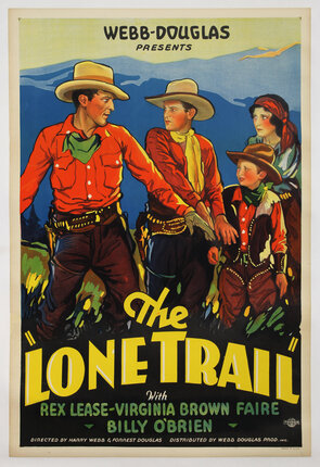 movie poster with two cowboys, a woman, and a child with blue mountains in the background.