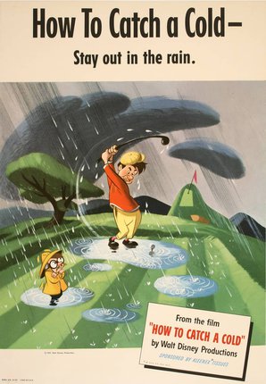 a poster of a man playing golf in the rain