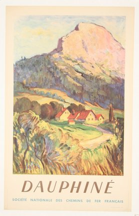 a poster of a mountain and houses