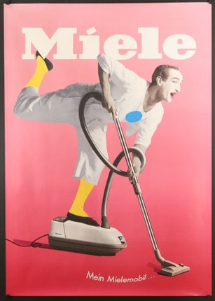 a poster of a man vacuuming a vacuum cleaner