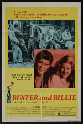a movie poster with a group of men posing by a car and a photo of a man and woman