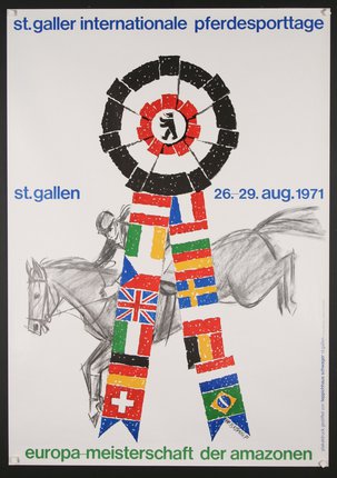 a poster with flags on the sides of a horse