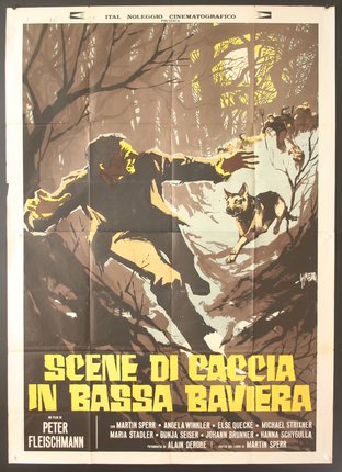 a poster of a man chasing a wolf