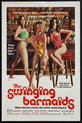 a poster of three lingerie clad women sitting on bar stools