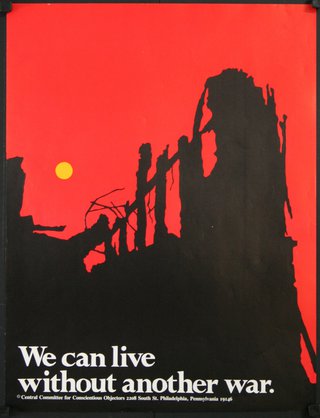 a poster with a red background and a silhouette of a destroyed building