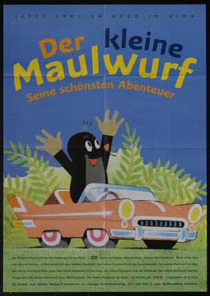 a poster with a cartoon mole stretching up his hands while riding in a convertible car with the top down