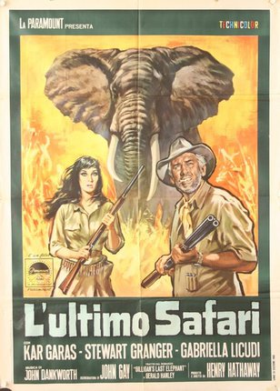 a poster of a man and woman holding guns and a elephant