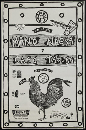 a poster with a rooster and text
