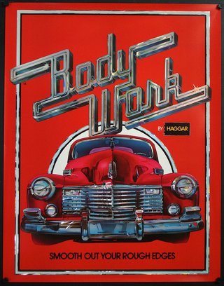 a red poster with silver lettering and a red car